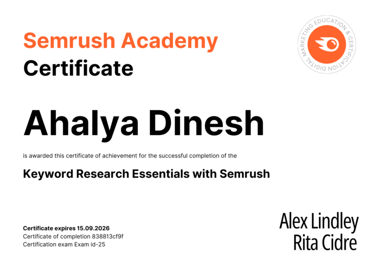 Ahalya Dinesh is awarded this certificate of achievement for the successful completion of the